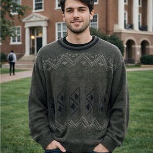 Vintage Porto Bello Paris Sweater Knit Gray Geometric 90s Mens L Y2K Classic